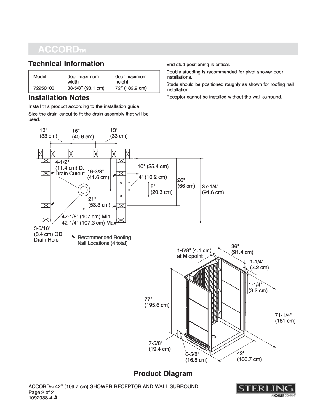 Sterling Plumbing 72250100 warranty Technical Information, Installation Notes, Product Diagram, Accordtm 