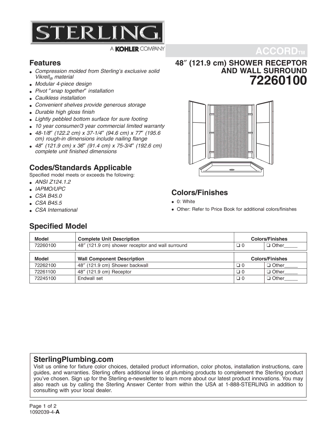 Sterling Plumbing 72260100 warranty 