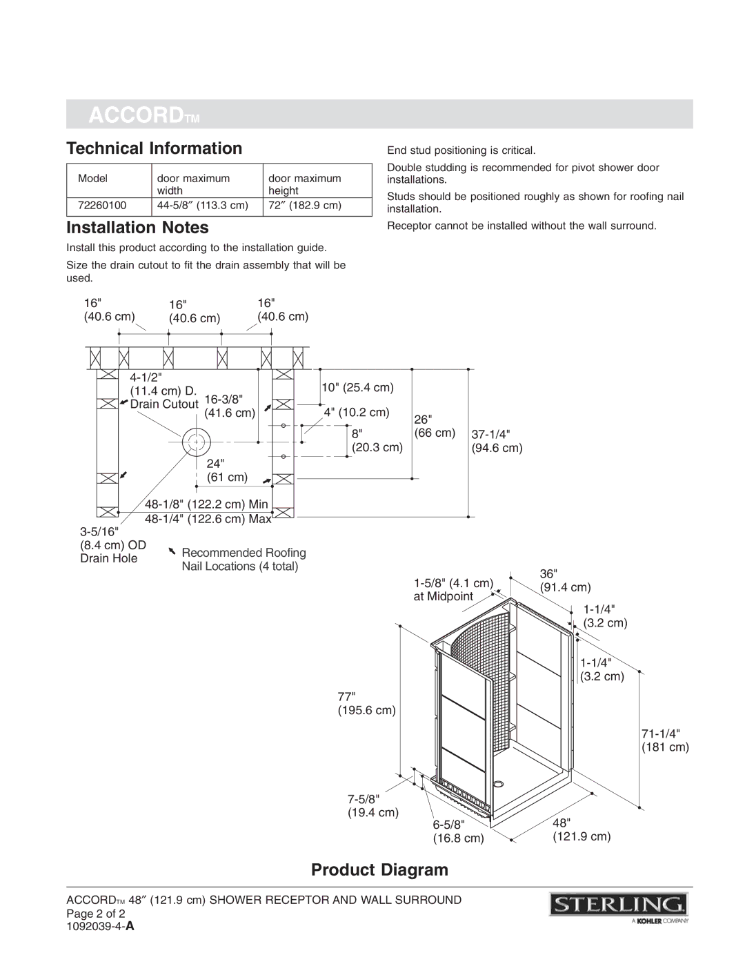 Sterling Plumbing 72260100 warranty Technical Information, Installation Notes, Product Diagram 