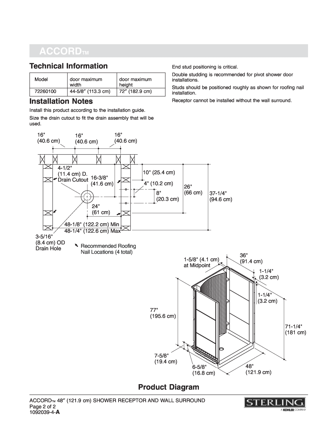 Sterling Plumbing 72260100 warranty Technical Information, Installation Notes, Product Diagram, Accordtm 