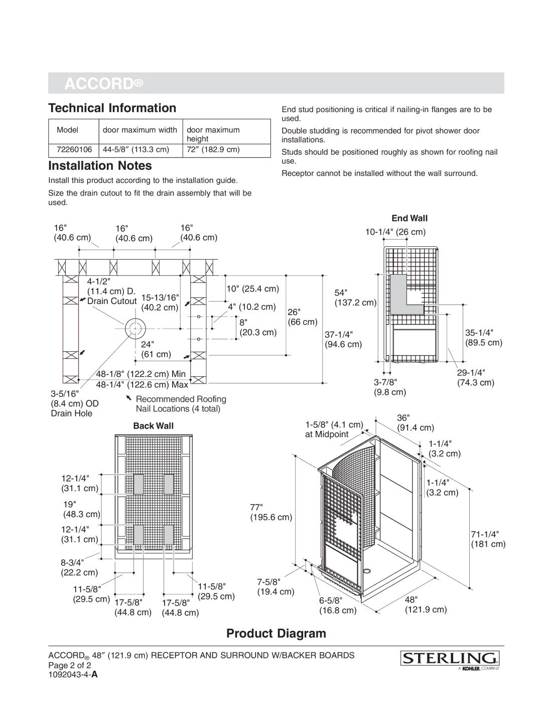 Sterling Plumbing 72260106 warranty Technical Information, Installation Notes, Product Diagram, End Wall, Back Wall 