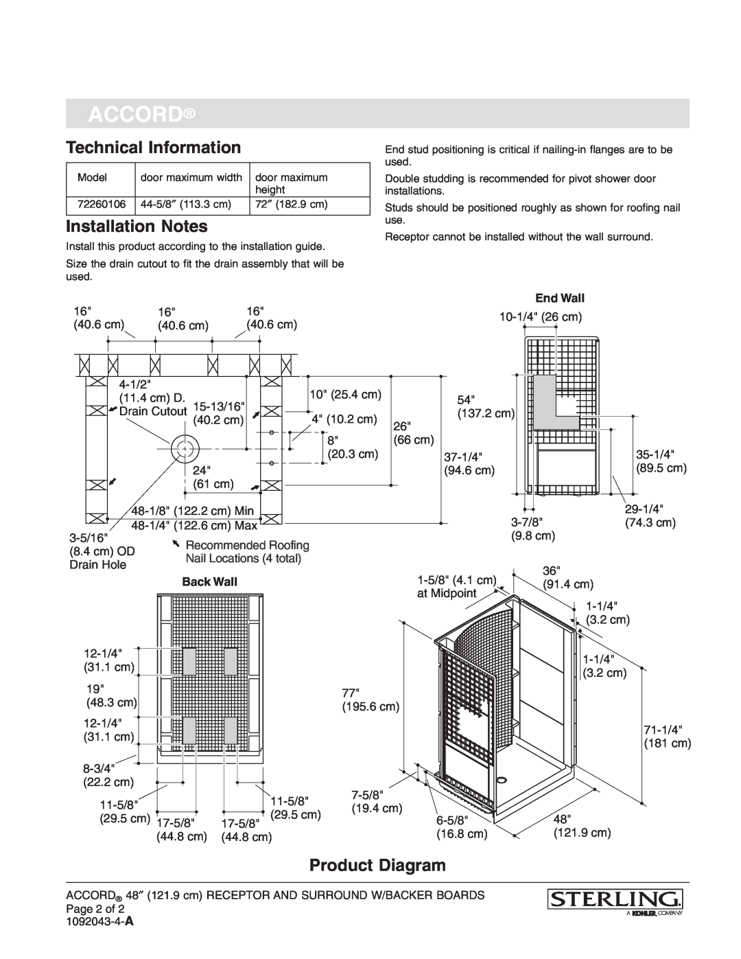 Sterling Plumbing 72260106 warranty Technical Information, Installation Notes, Product Diagram, End Wall, Back Wall, Accord 