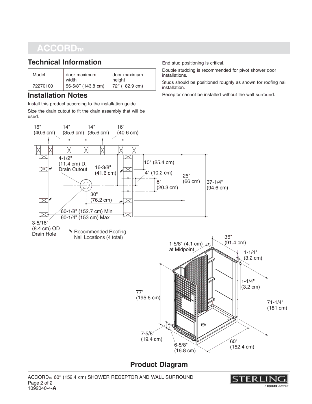 Sterling Plumbing 72270100 warranty Technical Information, Installation Notes, Product Diagram 