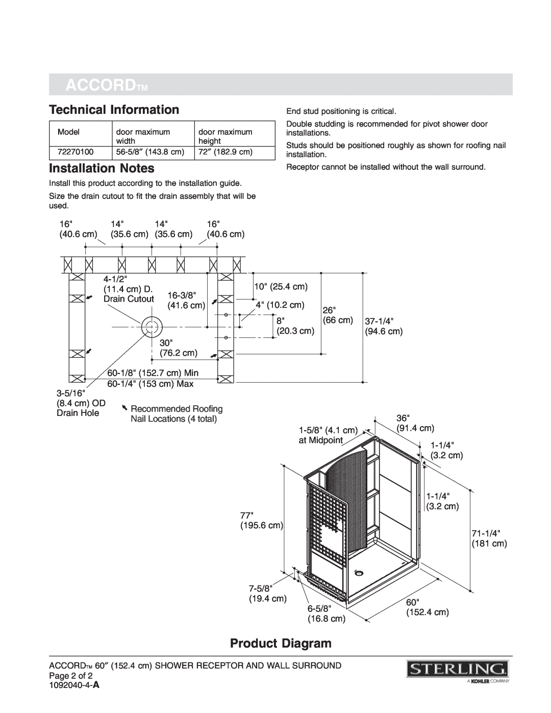 Sterling Plumbing 72270100 warranty Technical Information, Installation Notes, Product Diagram, Accordtm 