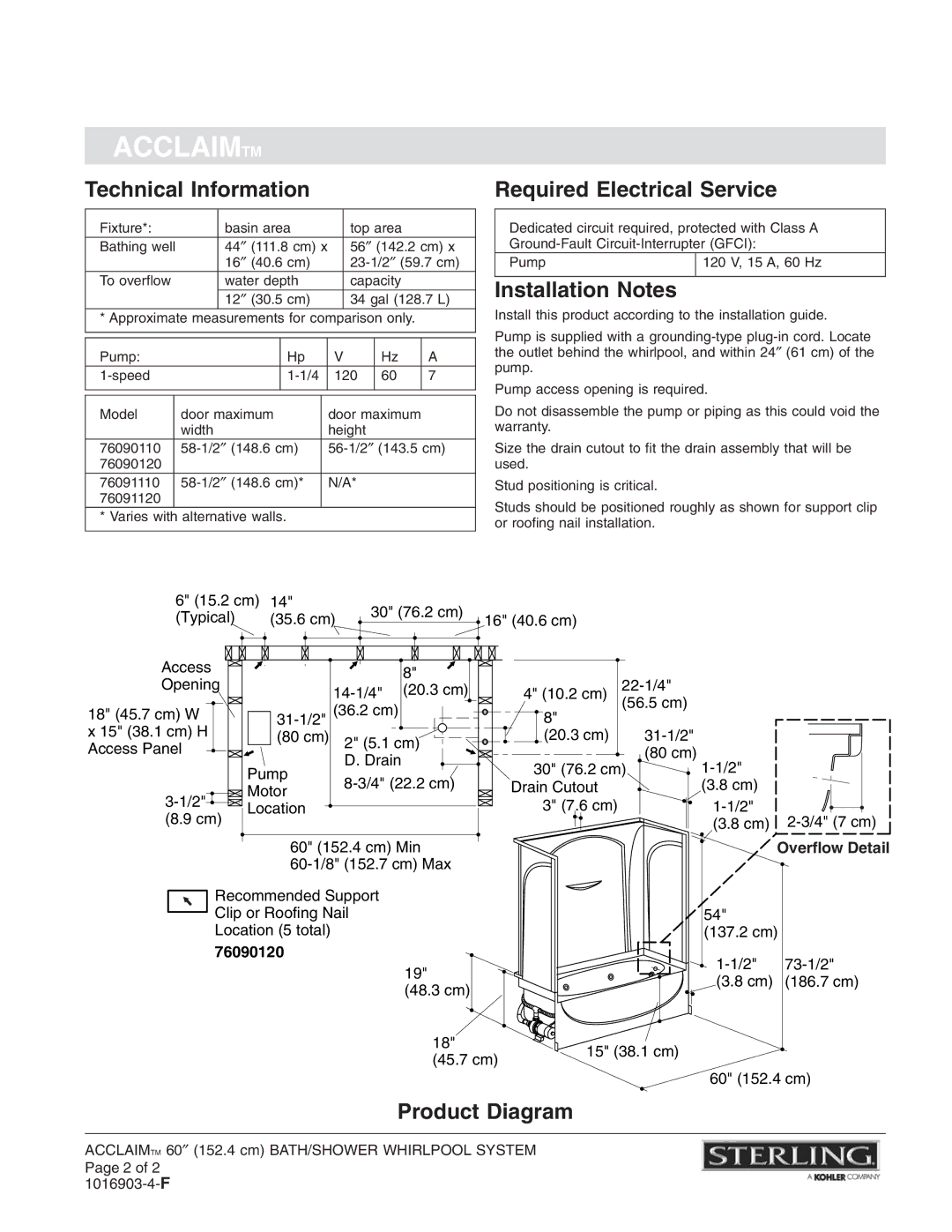 Sterling Plumbing 76090120 warranty Technical Information, Required Electrical Service, Installation Notes, Product Diagram 