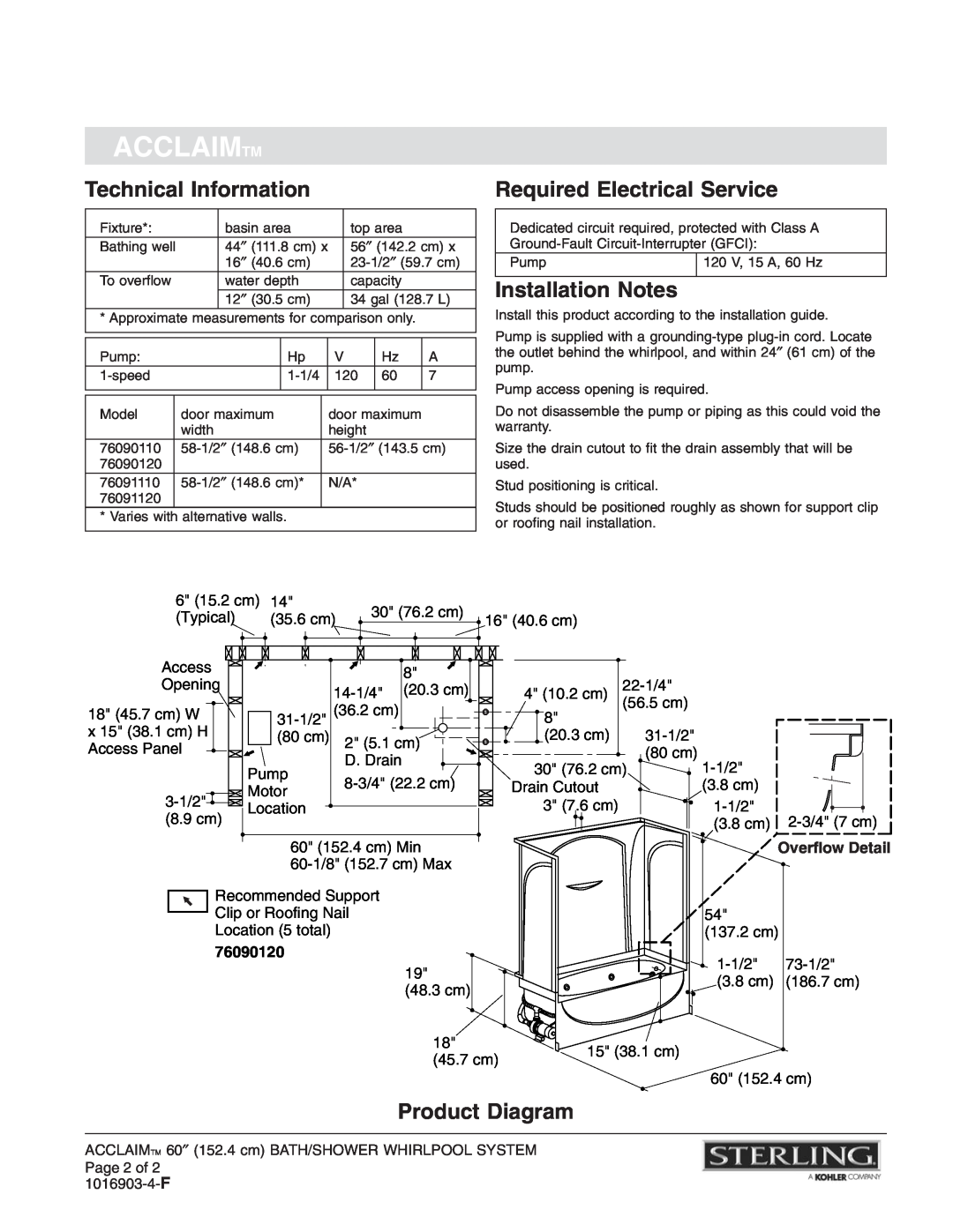 Sterling Plumbing 76090120 warranty Technical Information, Required Electrical Service, Installation Notes, Product Diagram 