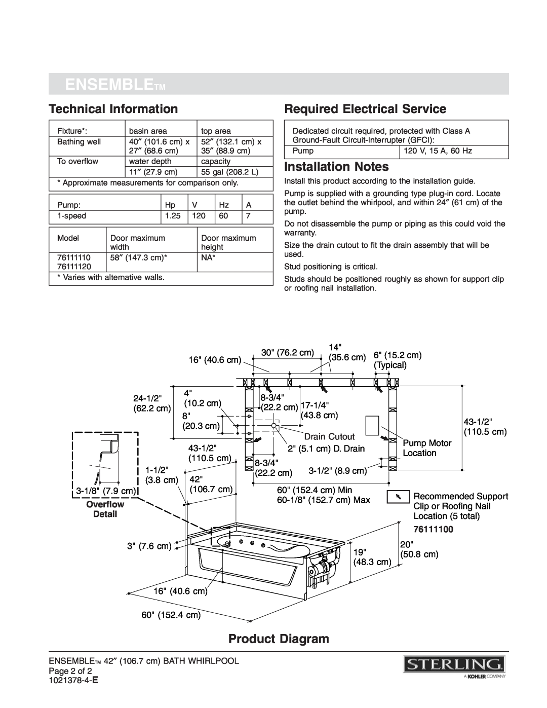 Sterling Plumbing 76111120 warranty Technical Information, Required Electrical Service, Installation Notes, Product Diagram 