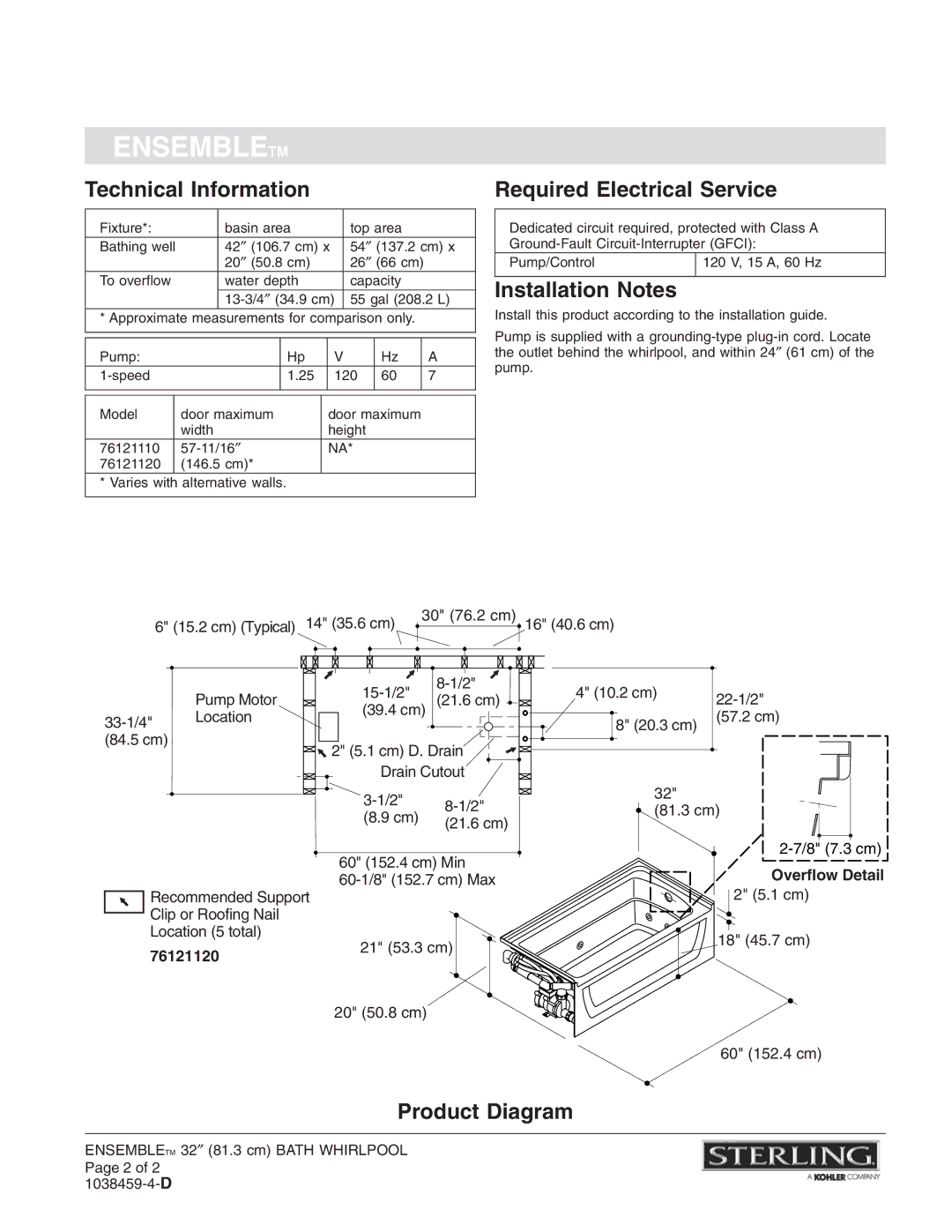 Sterling Plumbing 76121120 warranty Technical Information, Required Electrical Service, Installation Notes, Product Diagram 