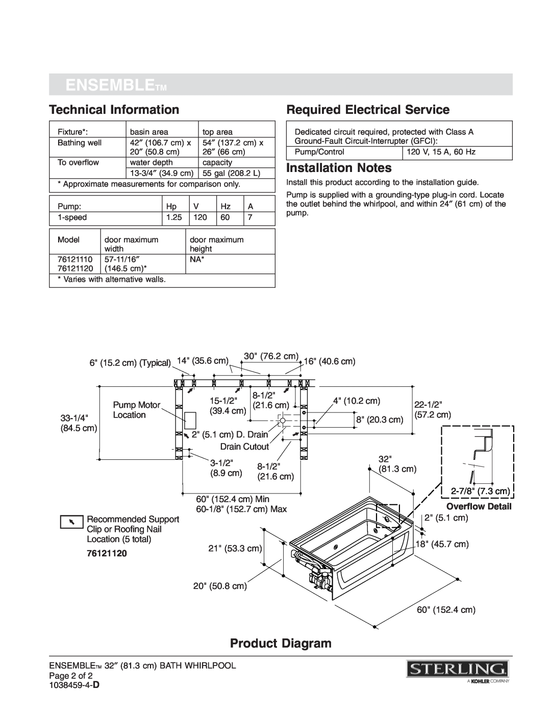 Sterling Plumbing 76121120 warranty Technical Information, Required Electrical Service, Installation Notes, Product Diagram 