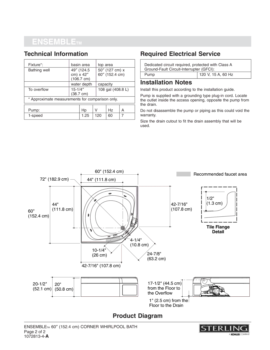 Sterling Plumbing 76131100 Technical Information Required Electrical Service, Installation Notes, Product Diagram, Detail 