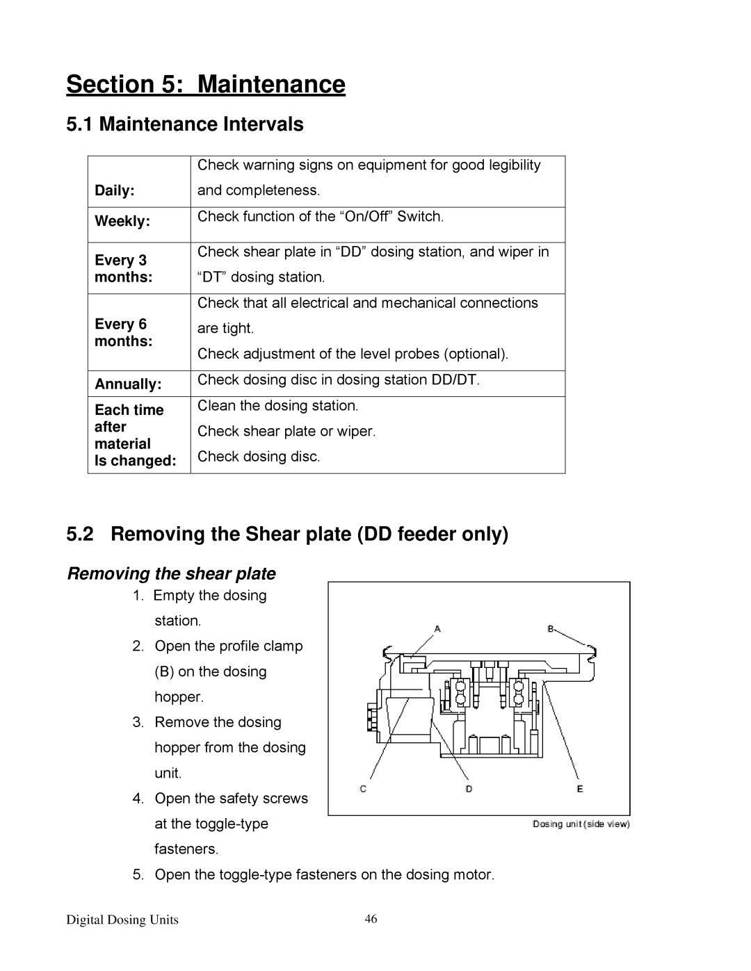 Sterling Plumbing 882 00276.00 specifications Maintenance Intervals, Removing the Shear plate DD feeder only 