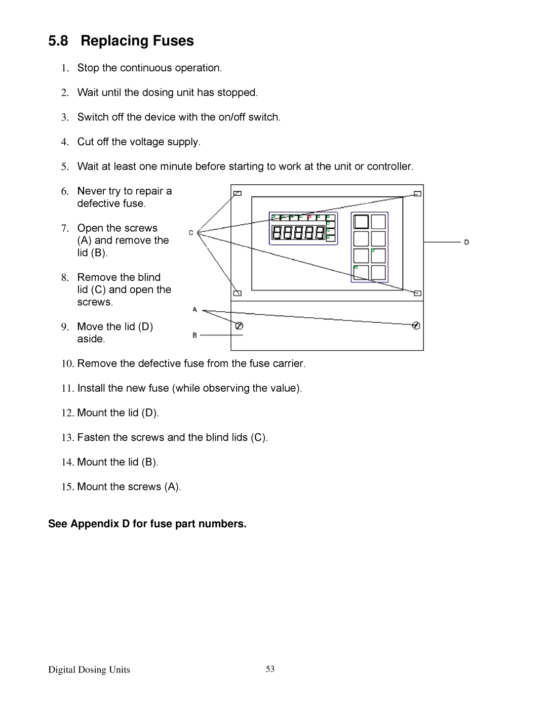 Sterling Plumbing 882 00276.00 specifications Replacing Fuses, See Appendix D for fuse part numbers 