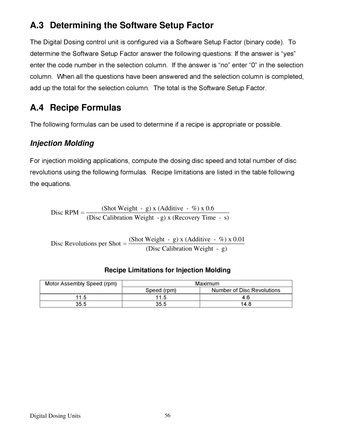 Sterling Plumbing 882 00276.00 specifications Determining the Software Setup Factor, Recipe Formulas, Injection Molding 