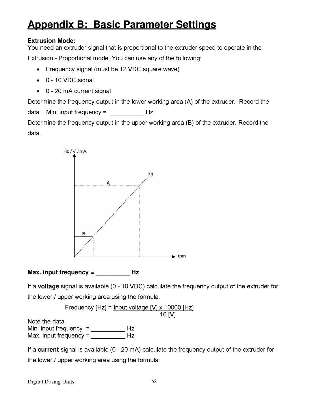 Sterling Plumbing 882 00276.00 Appendix B Basic Parameter Settings, Extrusion Mode, Max. input frequency = Hz 