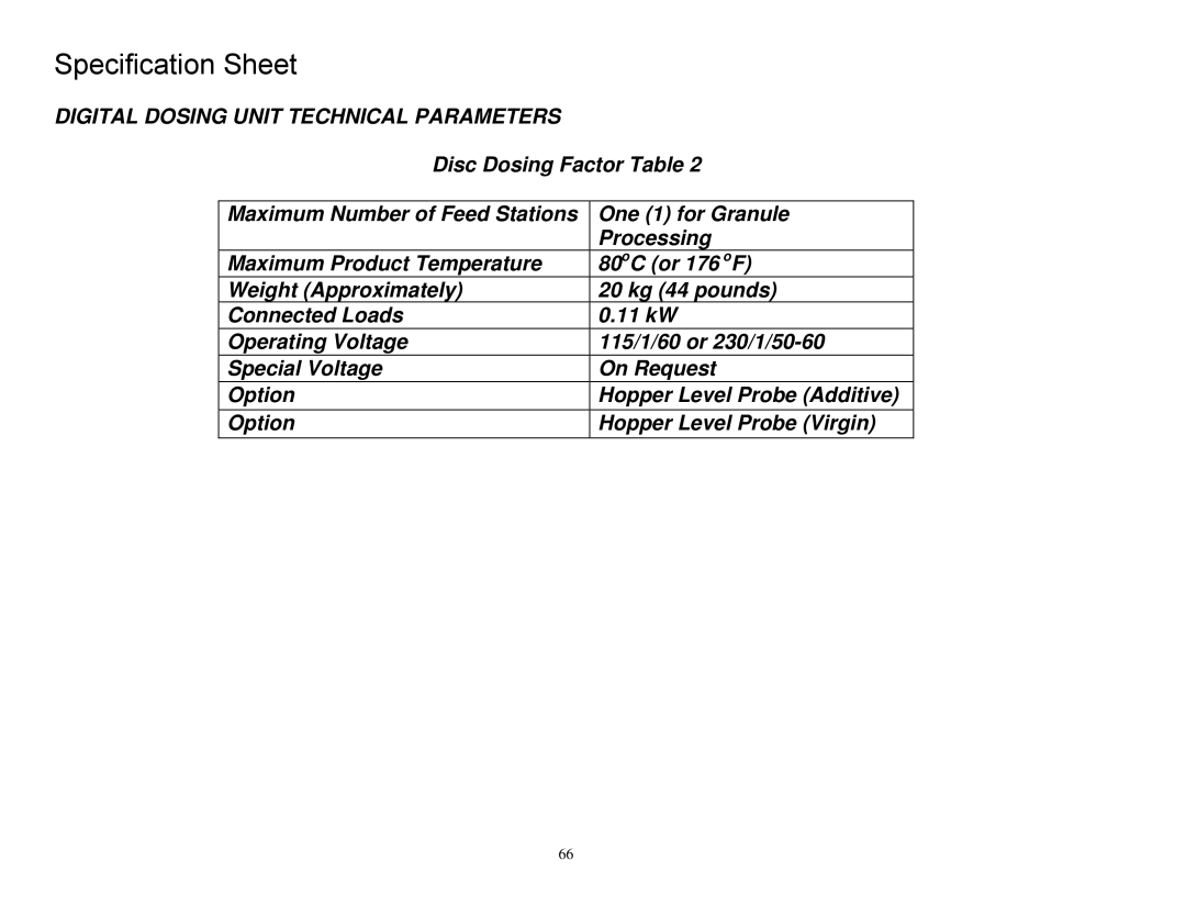 Sterling Plumbing 882 00276.00 Disc Dosing Factor Table, One 1 for Granule, Processing, Option Hopper Level Probe Virgin 