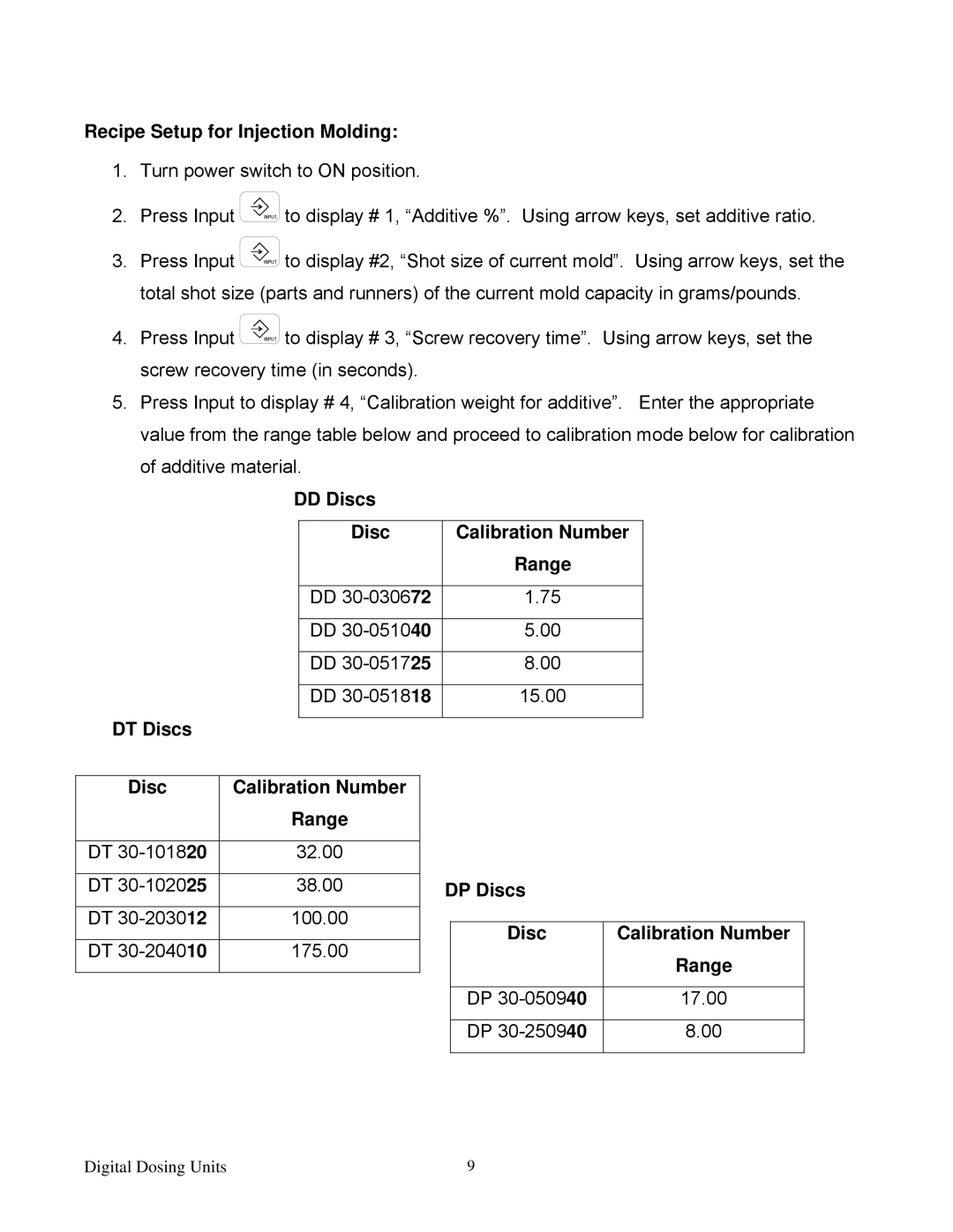 Sterling Plumbing 882 00276.00 specifications Recipe Setup for Injection Molding, DD Discs Calibration Number, DP Discs 