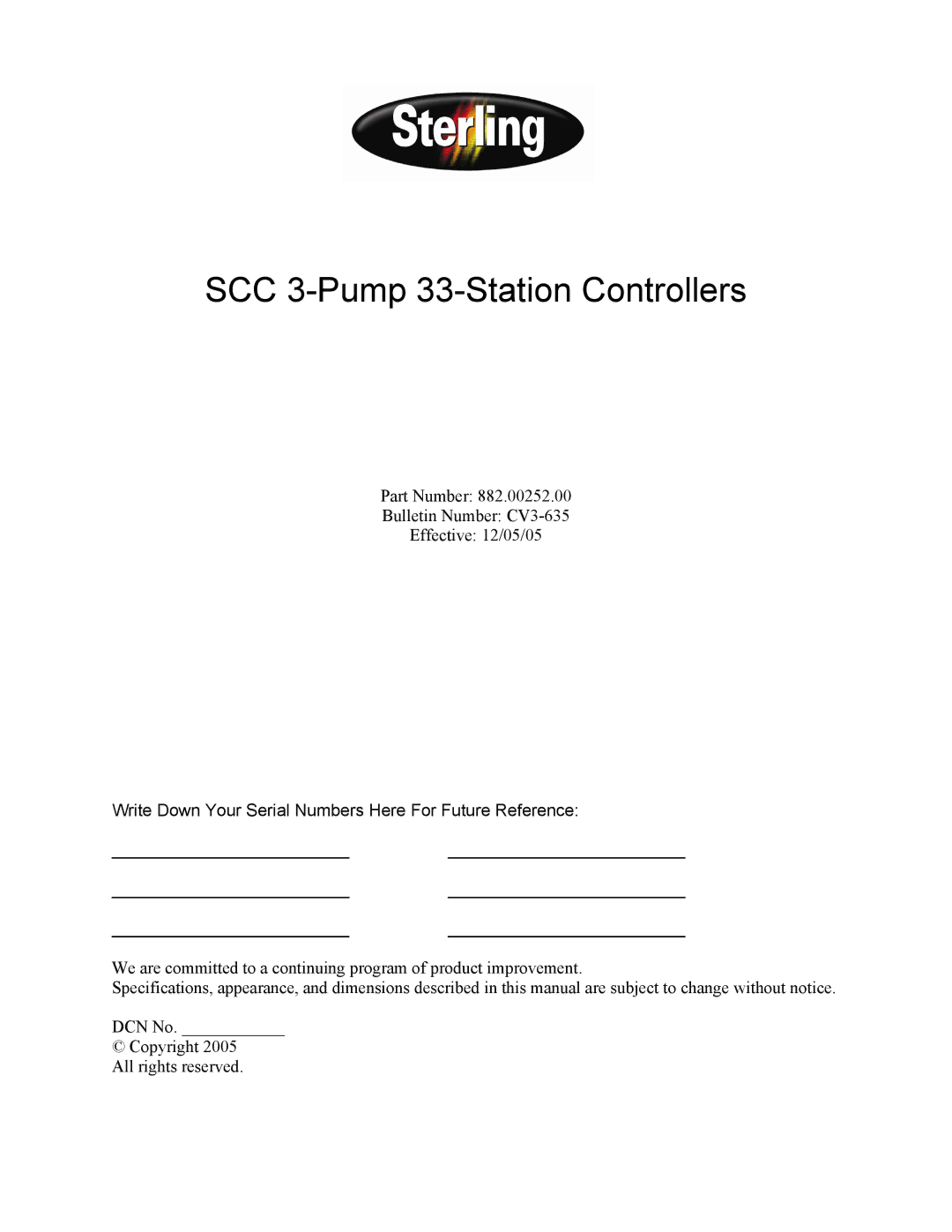 Sterling Plumbing CV3-635, 882.00252.00 specifications SCC 3-Pump 33-Station Controllers 