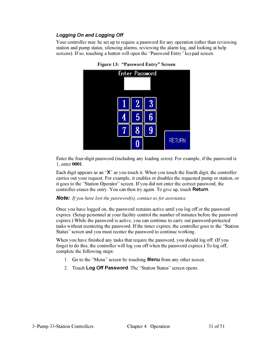 Sterling Plumbing 882.00252.00, CV3-635 specifications Logging On and Logging Off, Password Entry Screen 