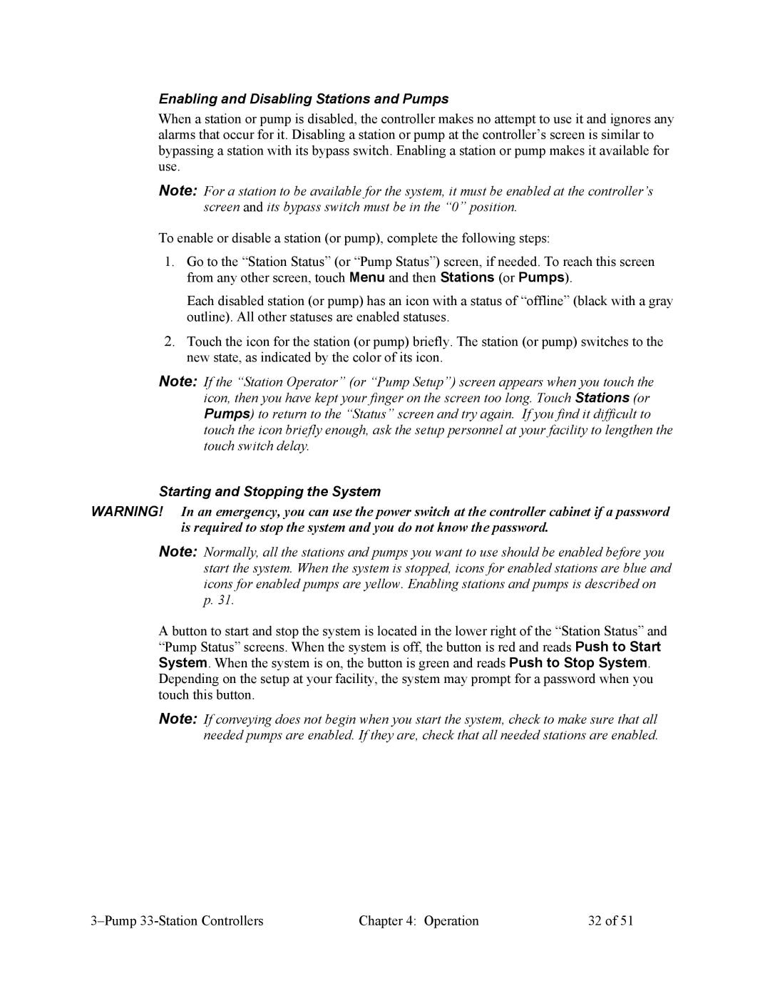 Sterling Plumbing CV3-635, 882.00252.00 Enabling and Disabling Stations and Pumps, Starting and Stopping the System 