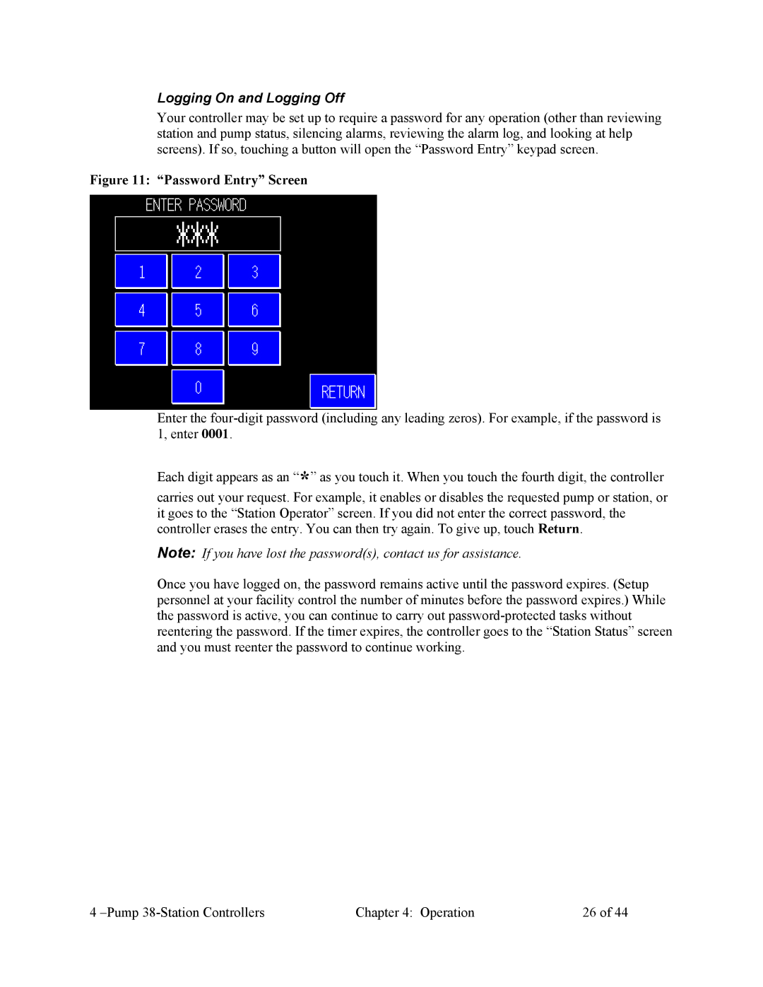 Sterling Plumbing 882.00253.00 specifications Logging On and Logging Off, Password Entry Screen 