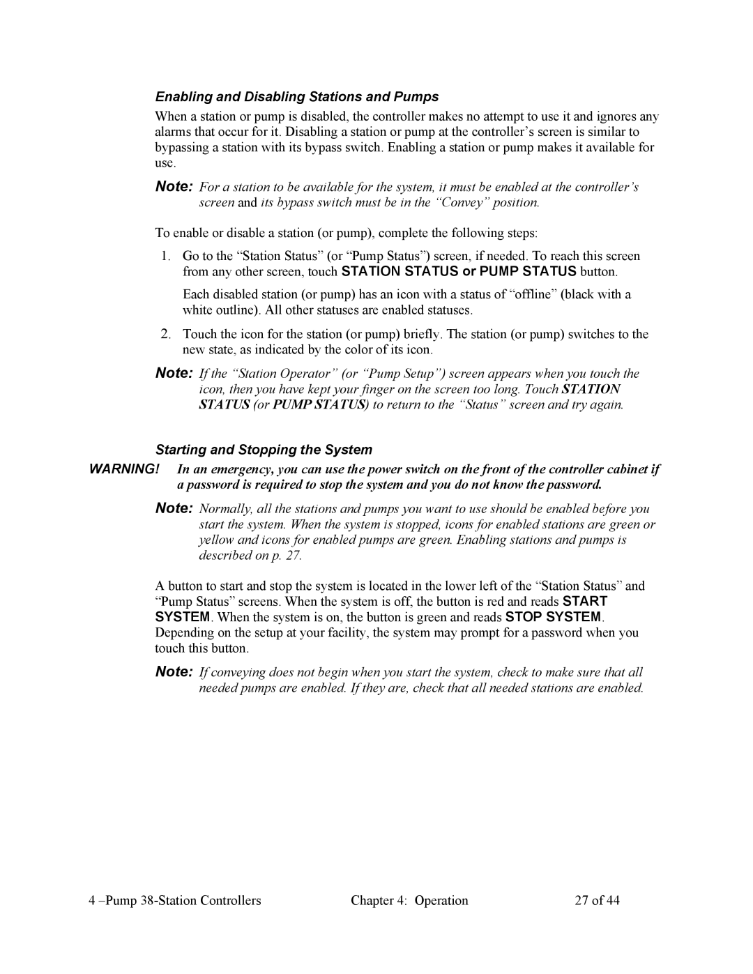 Sterling Plumbing 882.00253.00 specifications Enabling and Disabling Stations and Pumps, Starting and Stopping the System 