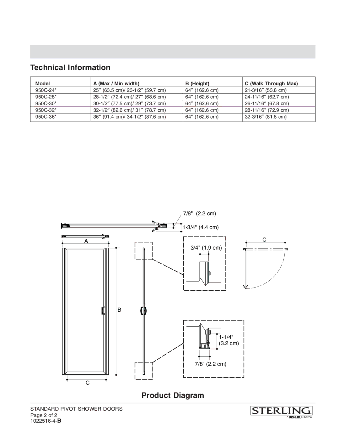 Sterling Plumbing 950C-30*, 950C-28* Technical Information, Product Diagram, Model Max / Min width Height Walk Through Max 