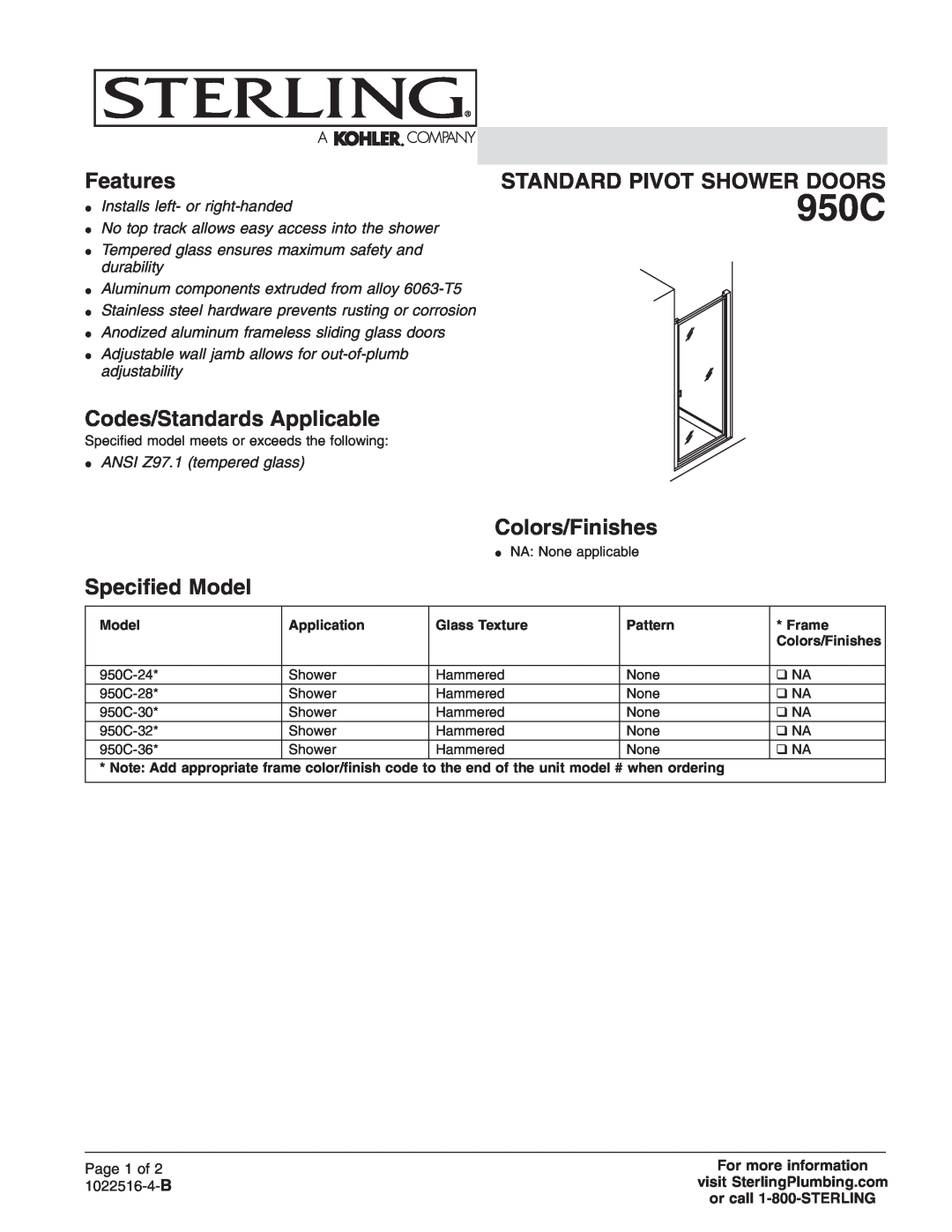 Sterling Plumbing 950C-24* manual Codes/Standards Applicable, Colors/Finishes, Speciﬁed Model, Features, Page 1 of 