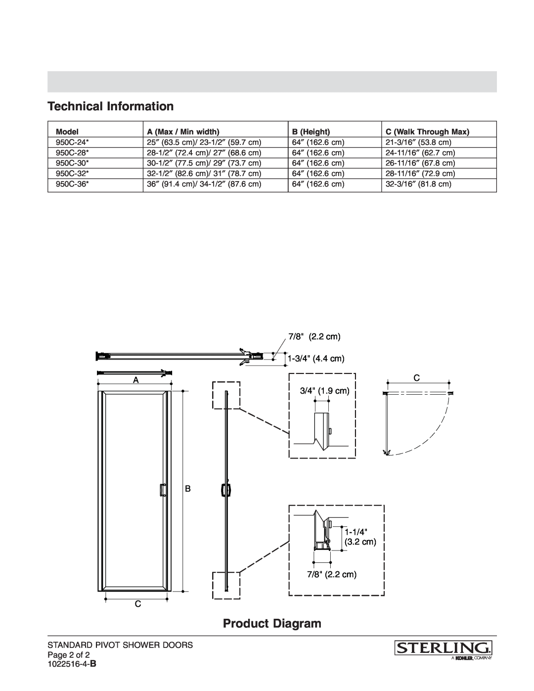 Sterling Plumbing 950C-30* Technical Information, Product Diagram, 7/8 2.2 cm, 1-3/44.4 cm, 3/4 1.9 cm, B 1-1/4, 3.2 cm 