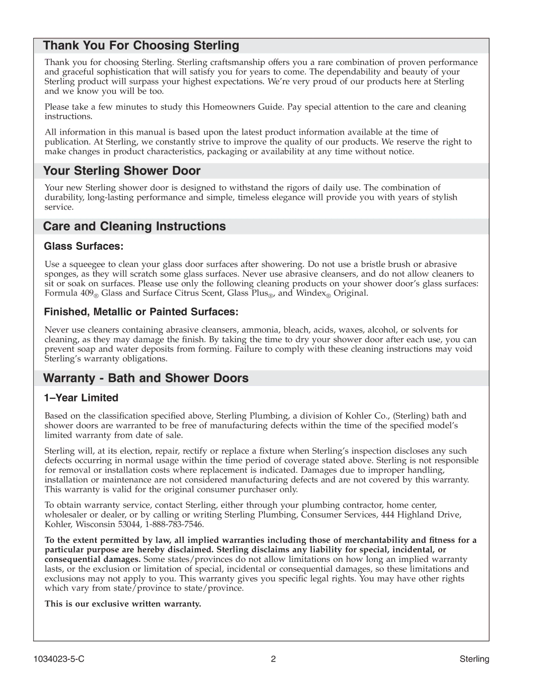 Sterling Plumbing 950C Series Thank You For Choosing Sterling, Your Sterling Shower Door, Care and Cleaning Instructions 