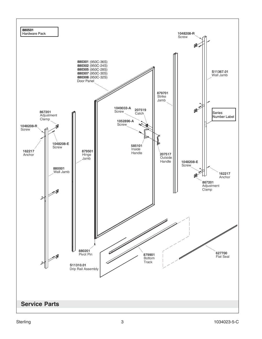 Sterling Plumbing 950C Series manual Service Parts, Sterling 1034023-5-C 