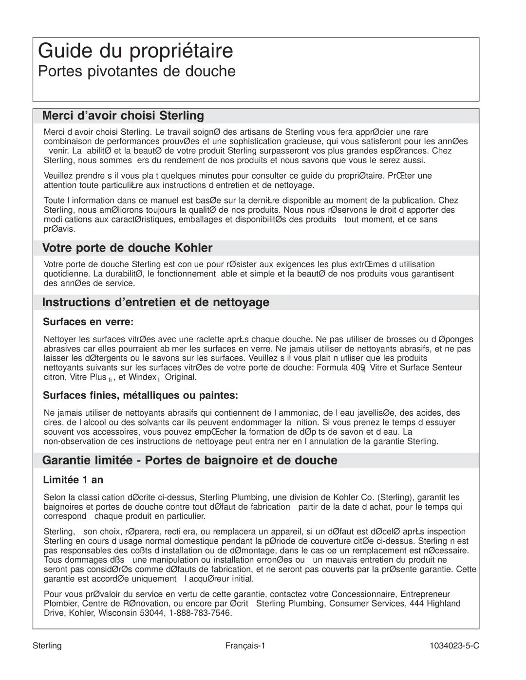 Sterling Plumbing 950C Series manual Guide du propriétaire, Portes pivotantes de douche 