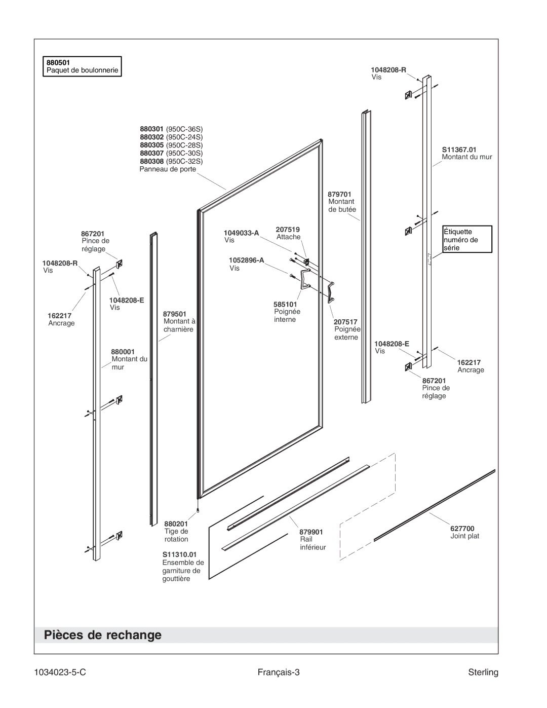 Sterling Plumbing 950C Series manual Pièces de rechange, C Français-3 Sterling 