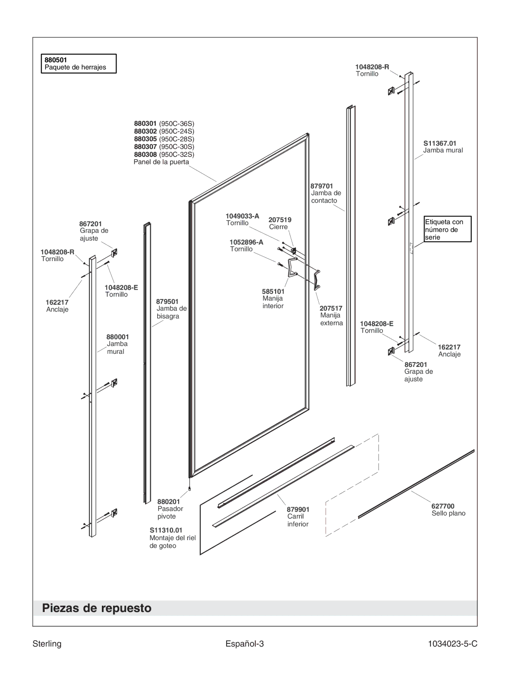 Sterling Plumbing 950C Series manual Piezas de repuesto, Sterling Español-3 1034023-5-C 