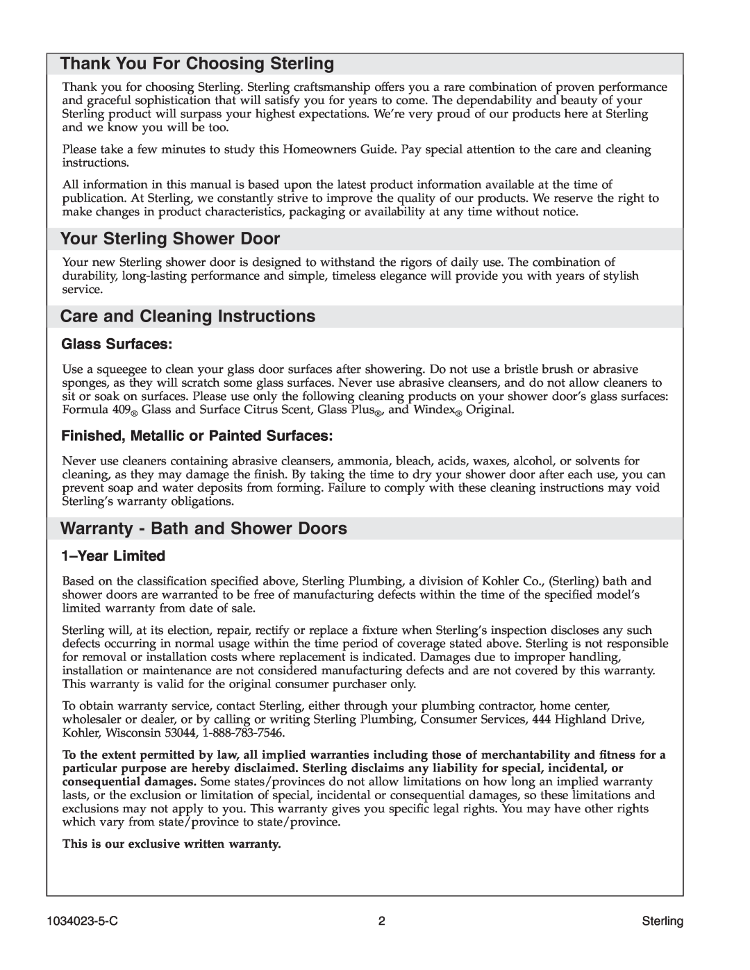 Sterling Plumbing 950C Series Thank You For Choosing Sterling, Your Sterling Shower Door, Care and Cleaning Instructions 