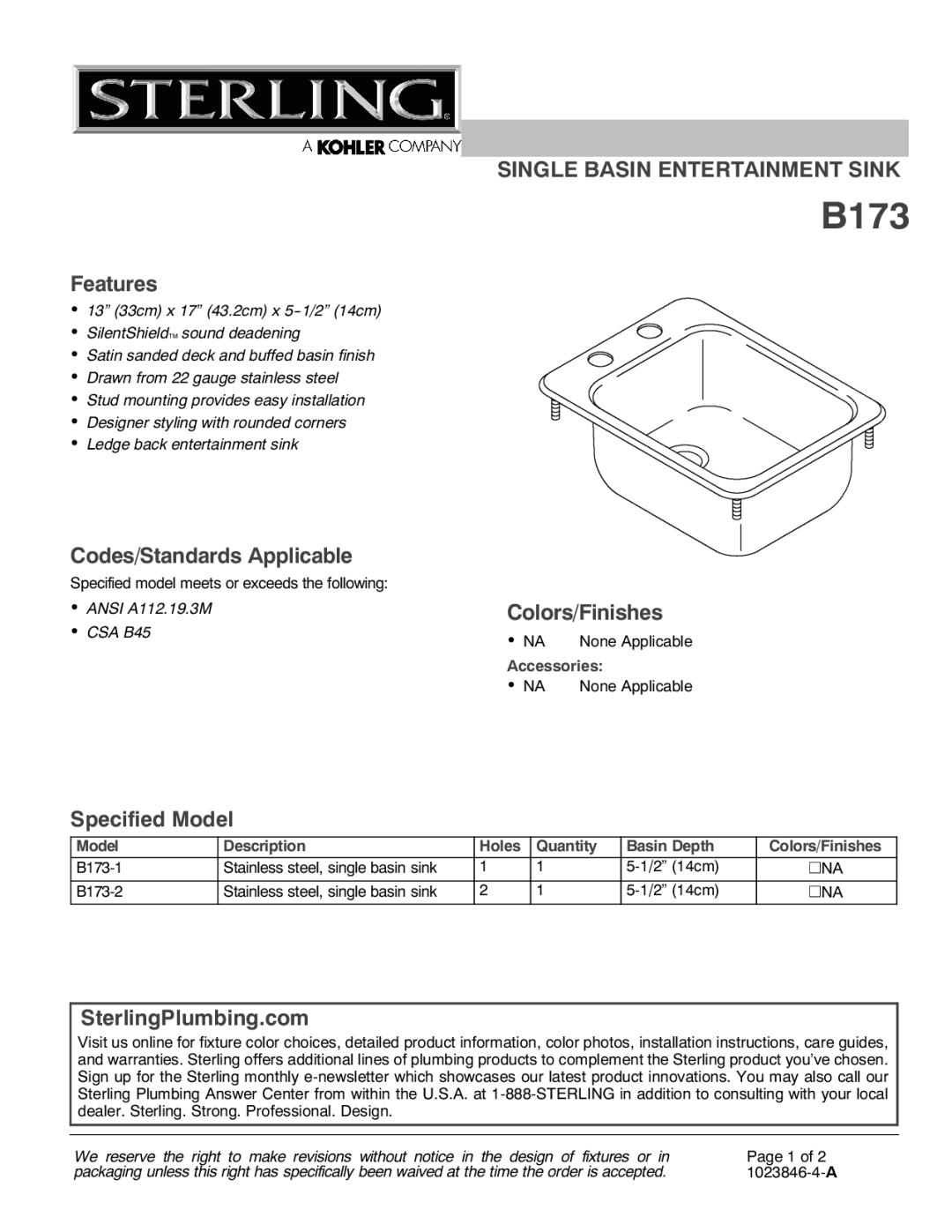 Sterling Plumbing B173 installation instructions Features, Codes/Standards Applicable, Specified Model Colors/Finishes 