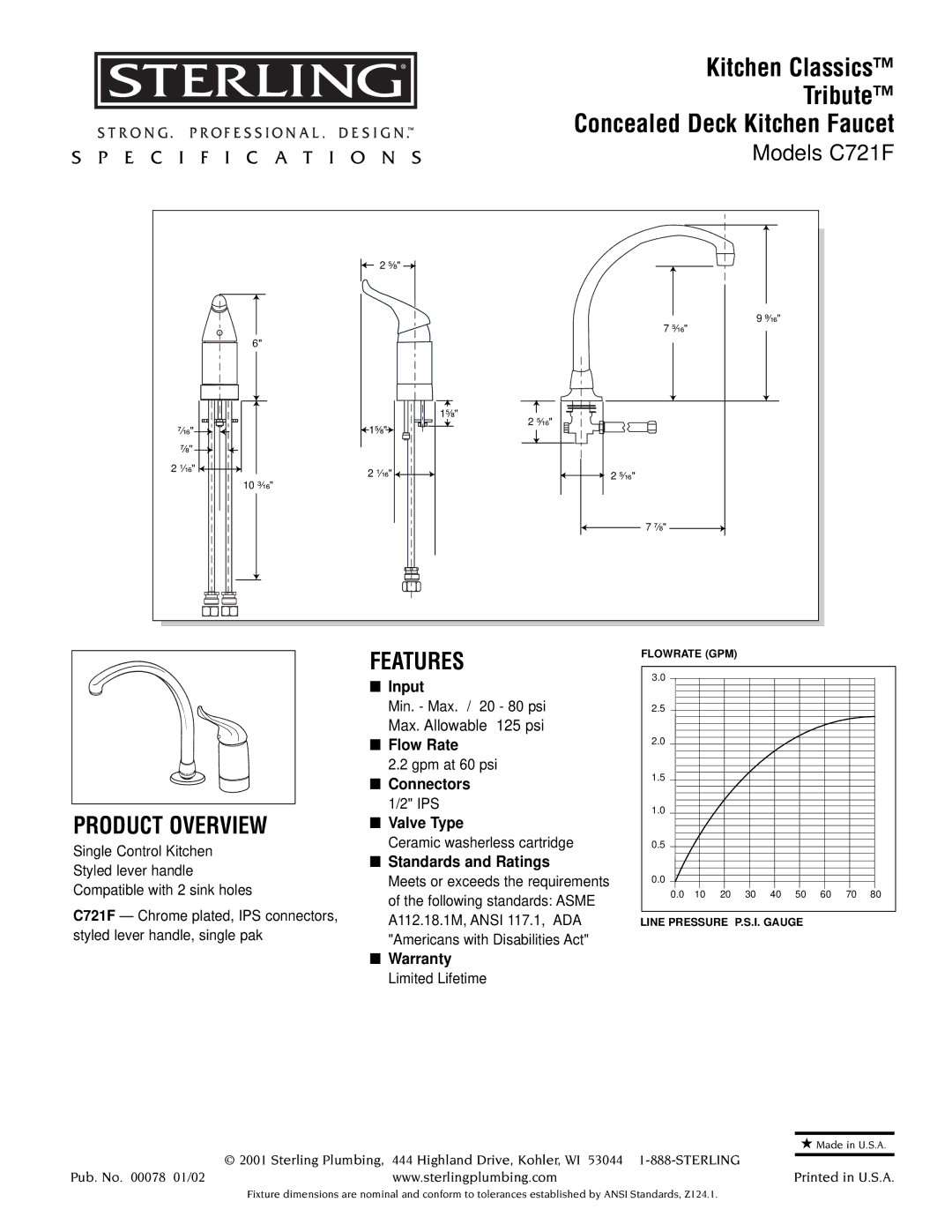 Sterling Plumbing C721F specifications Kitchen Classics Tribute Concealed Deck Kitchen Faucet, Product Overview, Features 