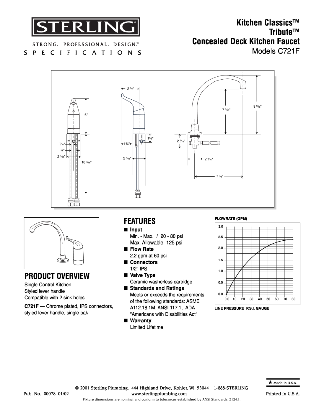 Sterling Plumbing C721F specifications Kitchen Classics Tribute, Concealed Deck Kitchen Faucet, Product Overview, Features 