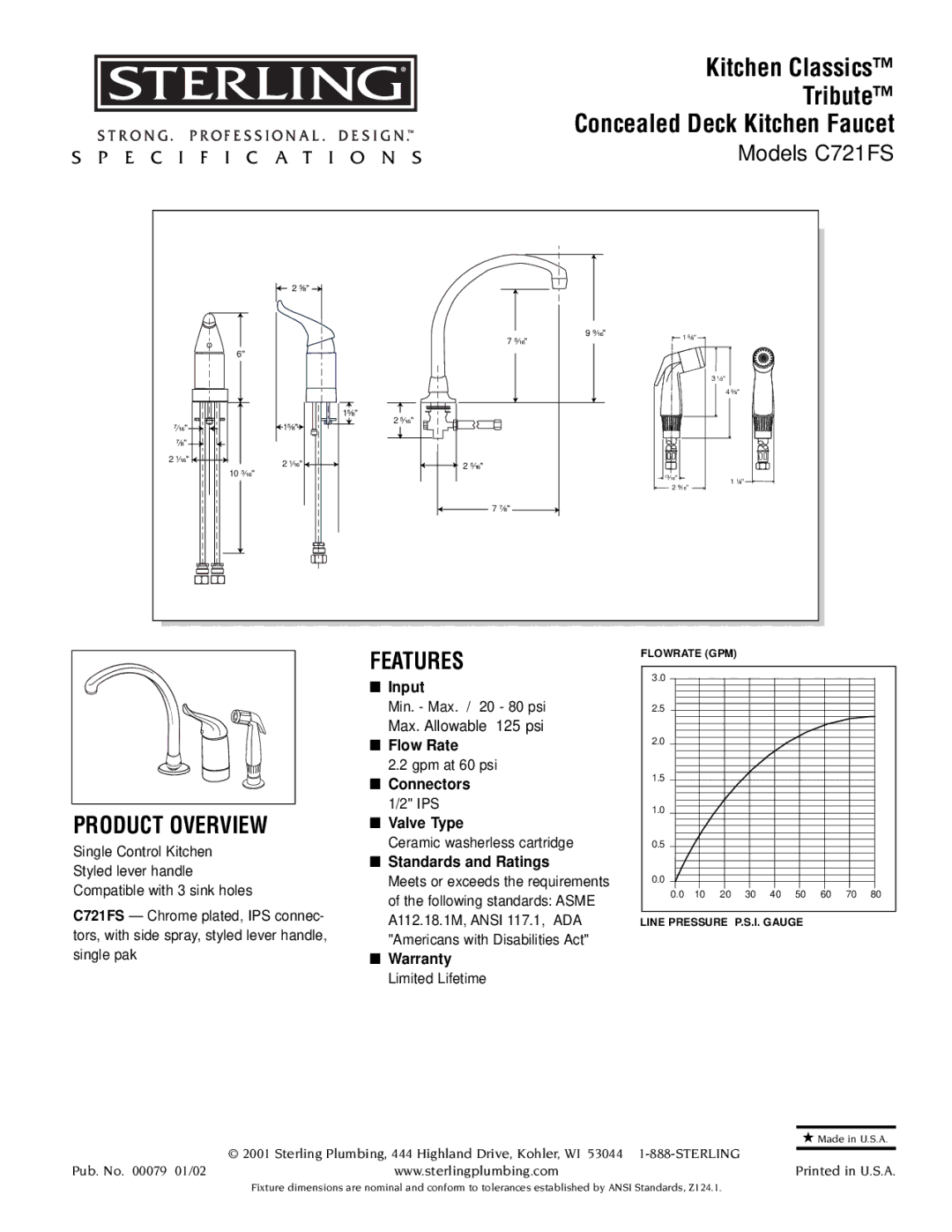 Sterling Plumbing C721FS specifications Kitchen Classics Tribute Concealed Deck Kitchen Faucet, Product Overview, Features 