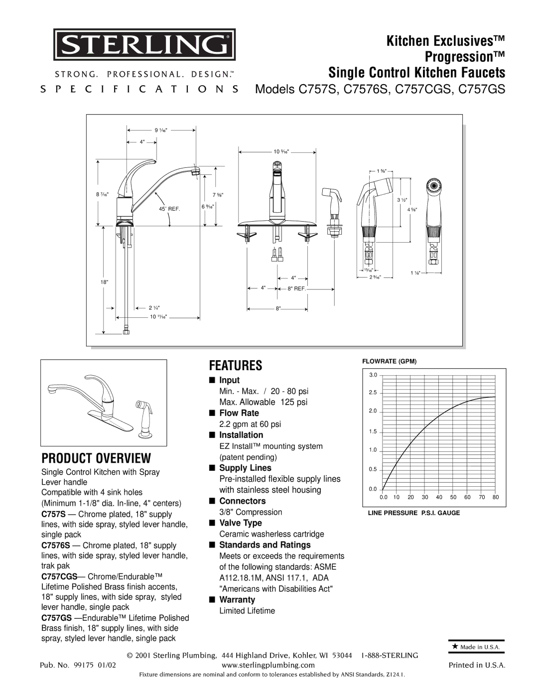 Sterling Plumbing C757CGS, C757S, C7576S, C757GS specifications Product Overview, Features 