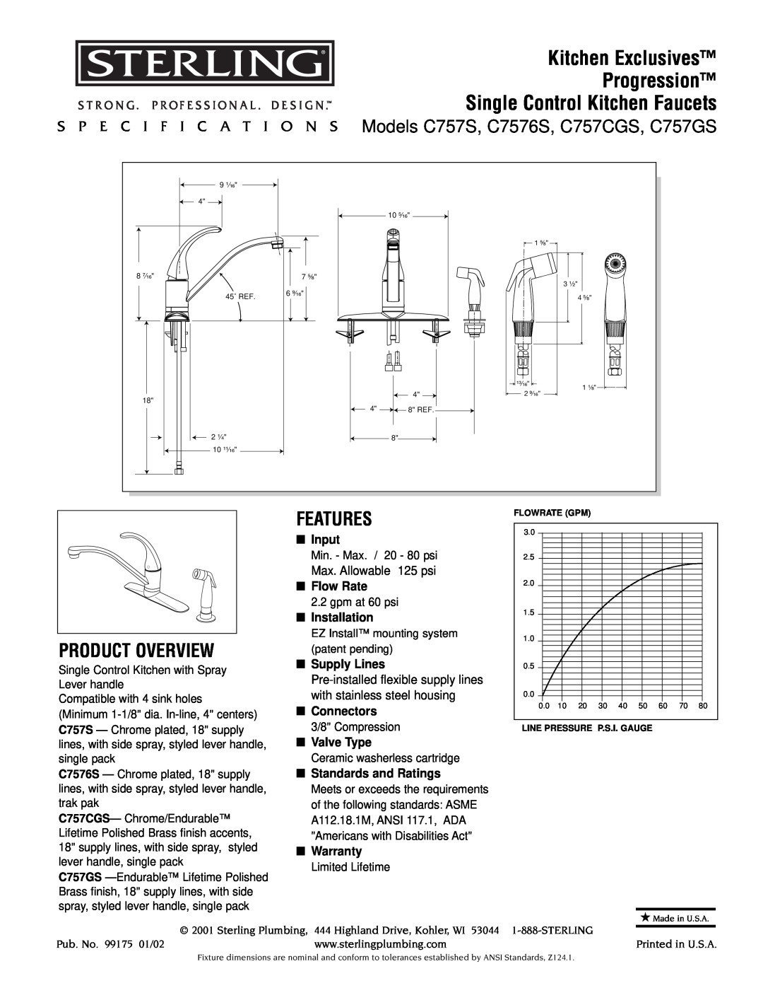 Sterling Plumbing C757CGS specifications Kitchen Exclusives Progression, Single Control Kitchen Faucets, Product Overview 