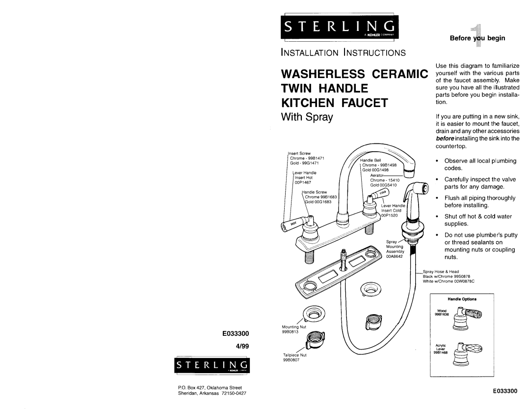 Sterling Plumbing E033300 manual 