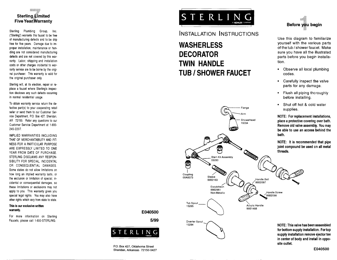 Sterling Plumbing E040500 manual 