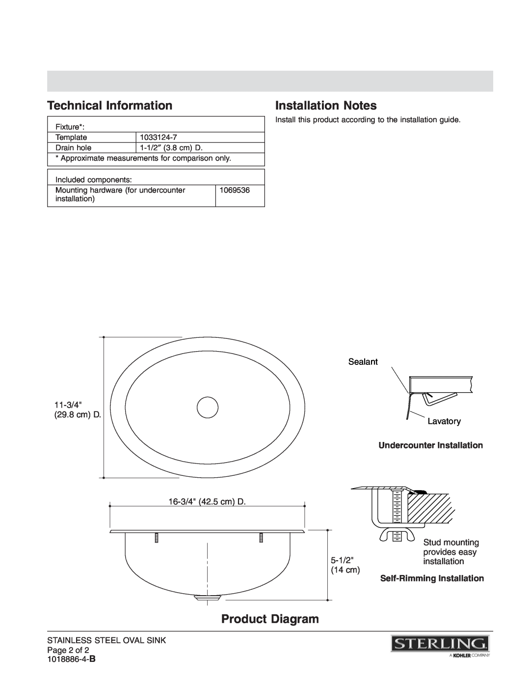 Sterling Plumbing S1201-0 Technical Information, Installation Notes, Product Diagram, Sealant Lavatory 