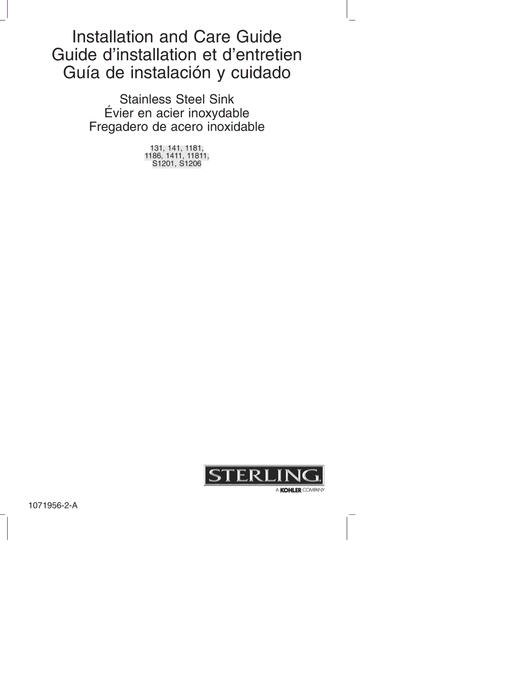 Sterling Plumbing 1411, S1206, 11811, 131, 1186 manual Installation and Care Guide 