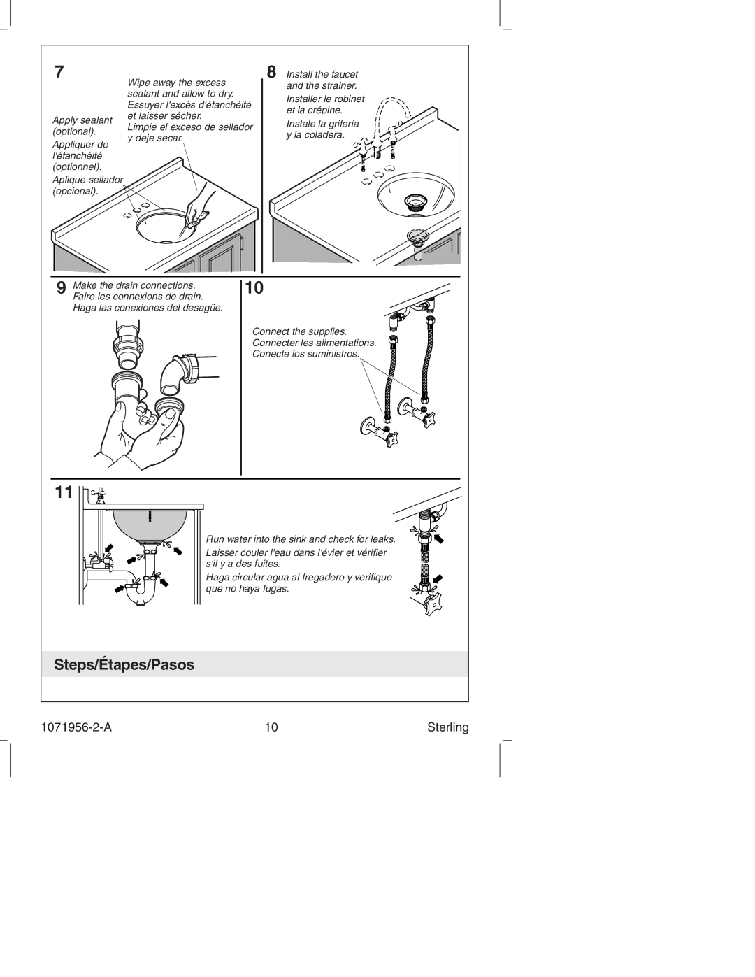 Sterling Plumbing 131, S1206, 1411, 11811, 1186 manual Instale la grifería y la coladera 