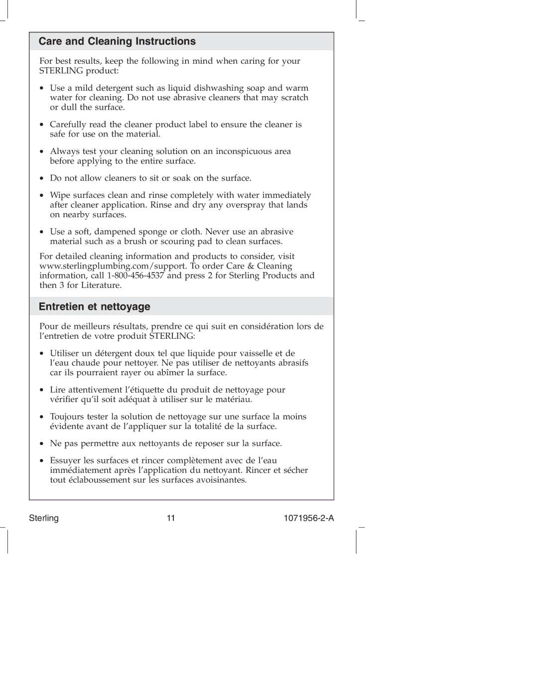 Sterling Plumbing S1206, 1411, 11811, 131, 1186 manual Care and Cleaning Instructions, Entretien et nettoyage 