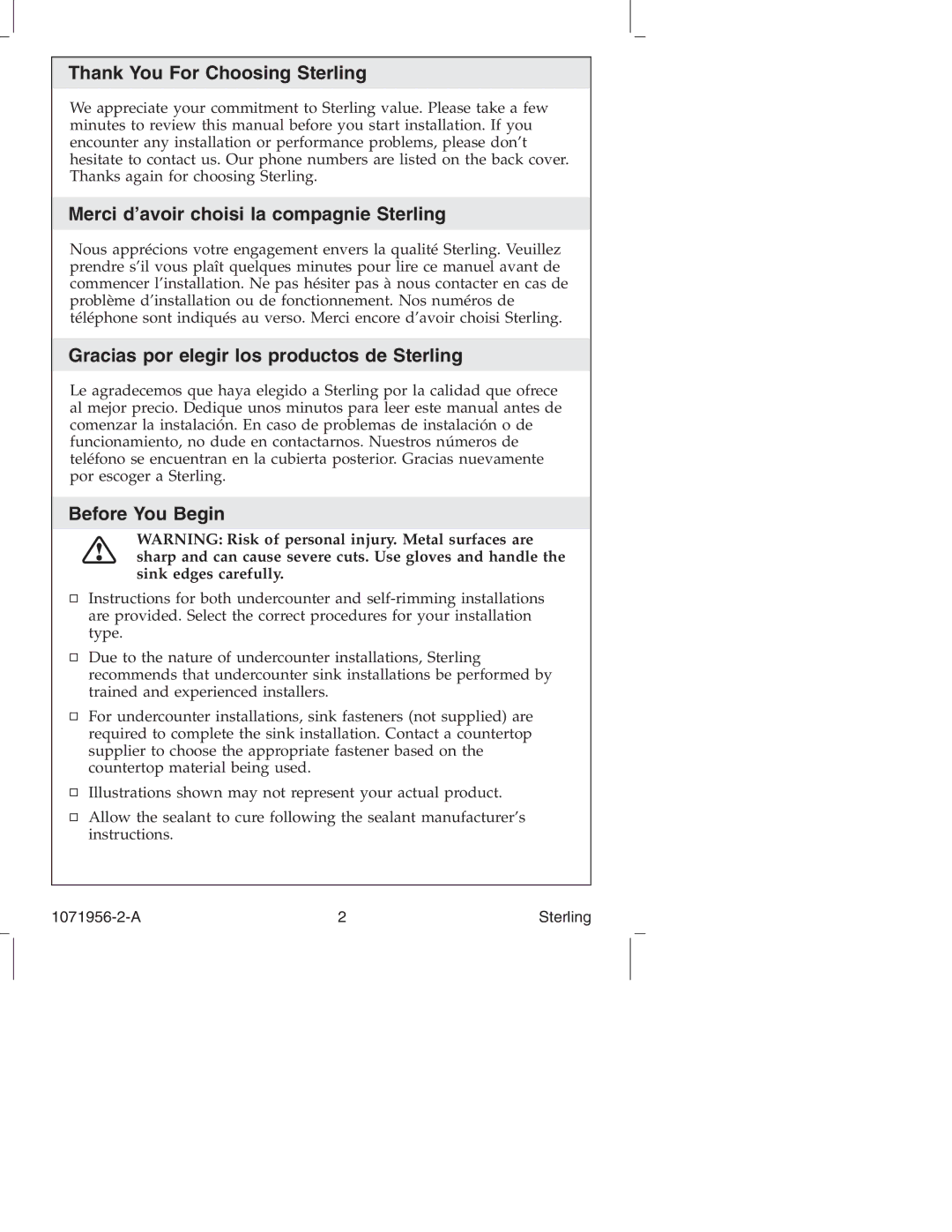 Sterling Plumbing 11811, 131 Thank You For Choosing Sterling, Merci d’avoir choisi la compagnie Sterling, Before You Begin 
