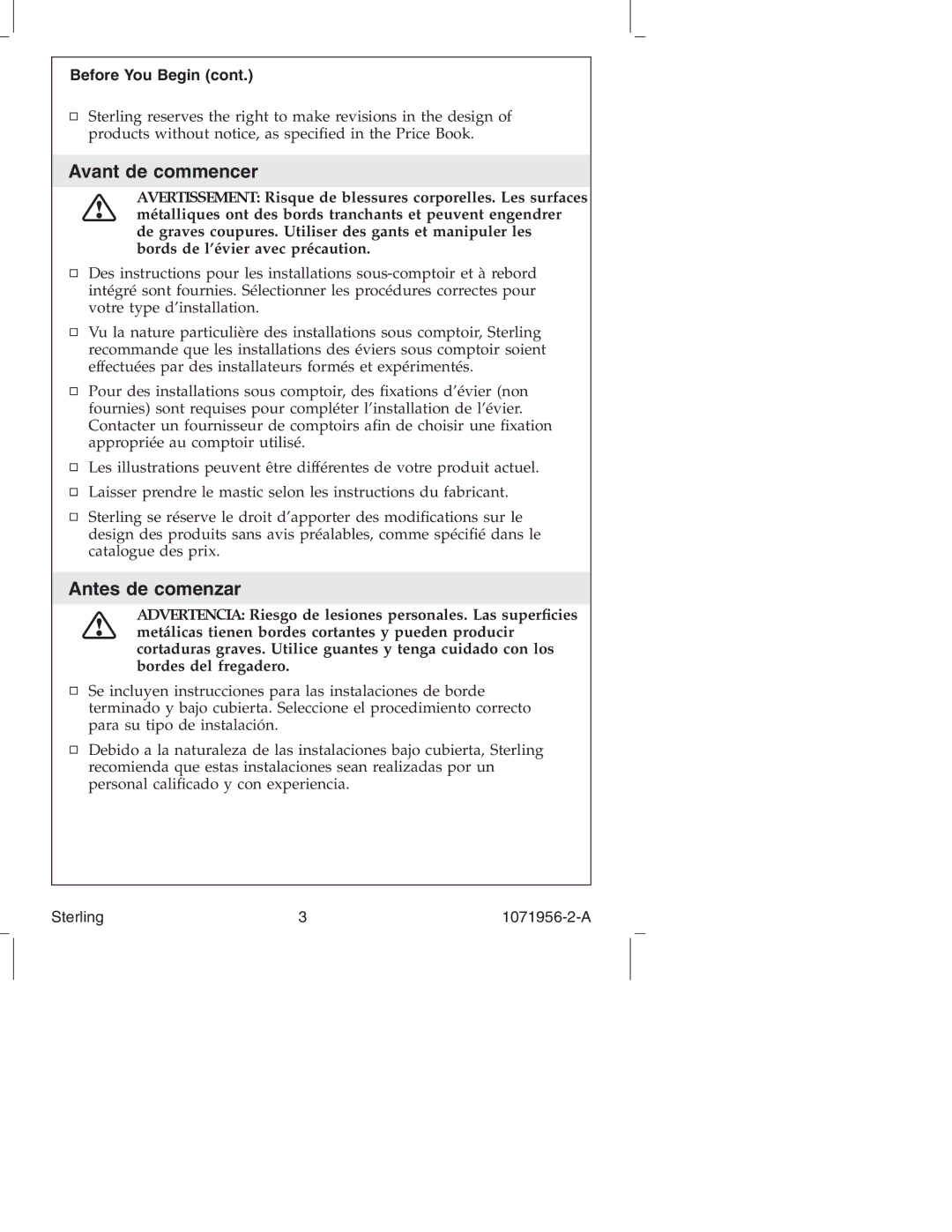 Sterling Plumbing 131, S1206, 1411, 11811, 1186 manual Avant de commencer, Antes de comenzar, Before You Begin 