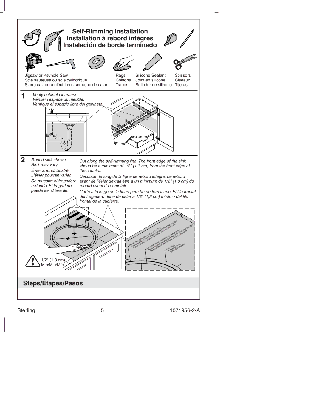 Sterling Plumbing 1186, S1206, 1411, 11811, 131 manual Steps/Étapes/Pasos, cm Min/Min/Mín 