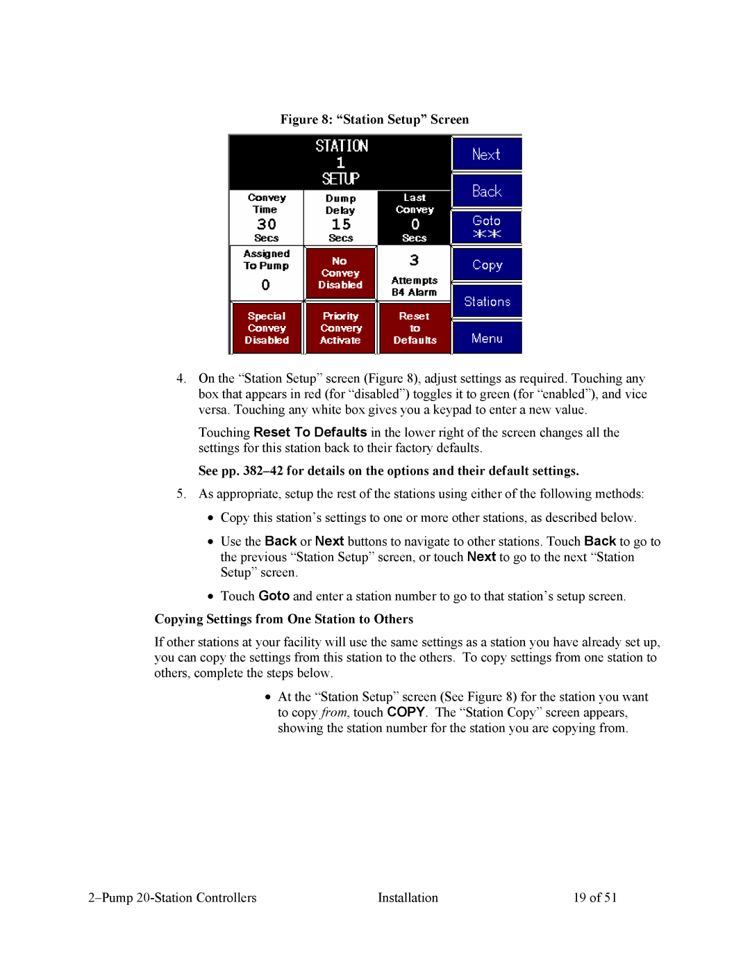 Sterling Plumbing scc2 specifications Station Setup Screen, Copying Settings from One Station to Others 